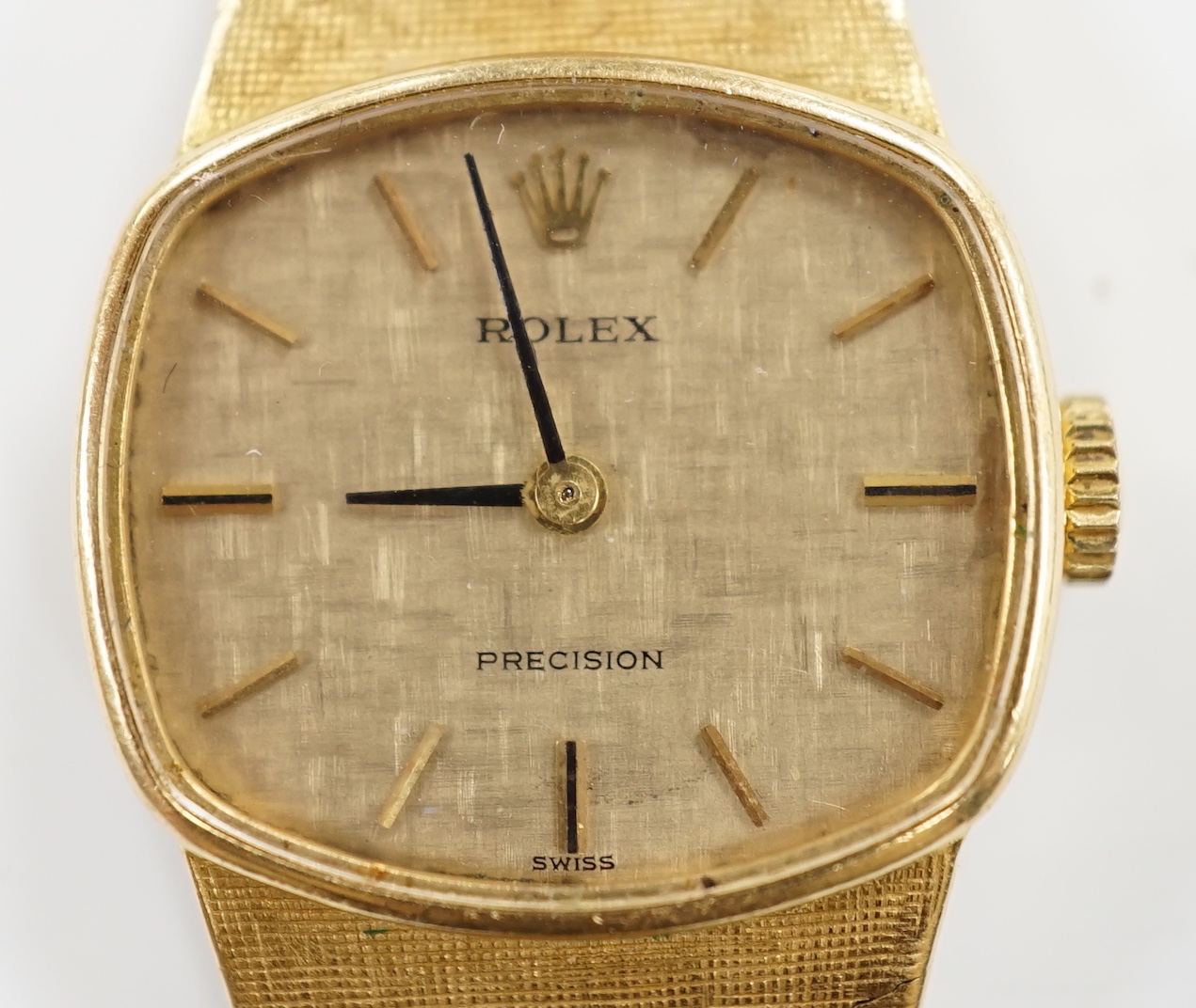 A lady's early 1970's 18ct gold Rolex Precision manual wind dress wrist watch, on integral 18ct gold Rolex bracelet